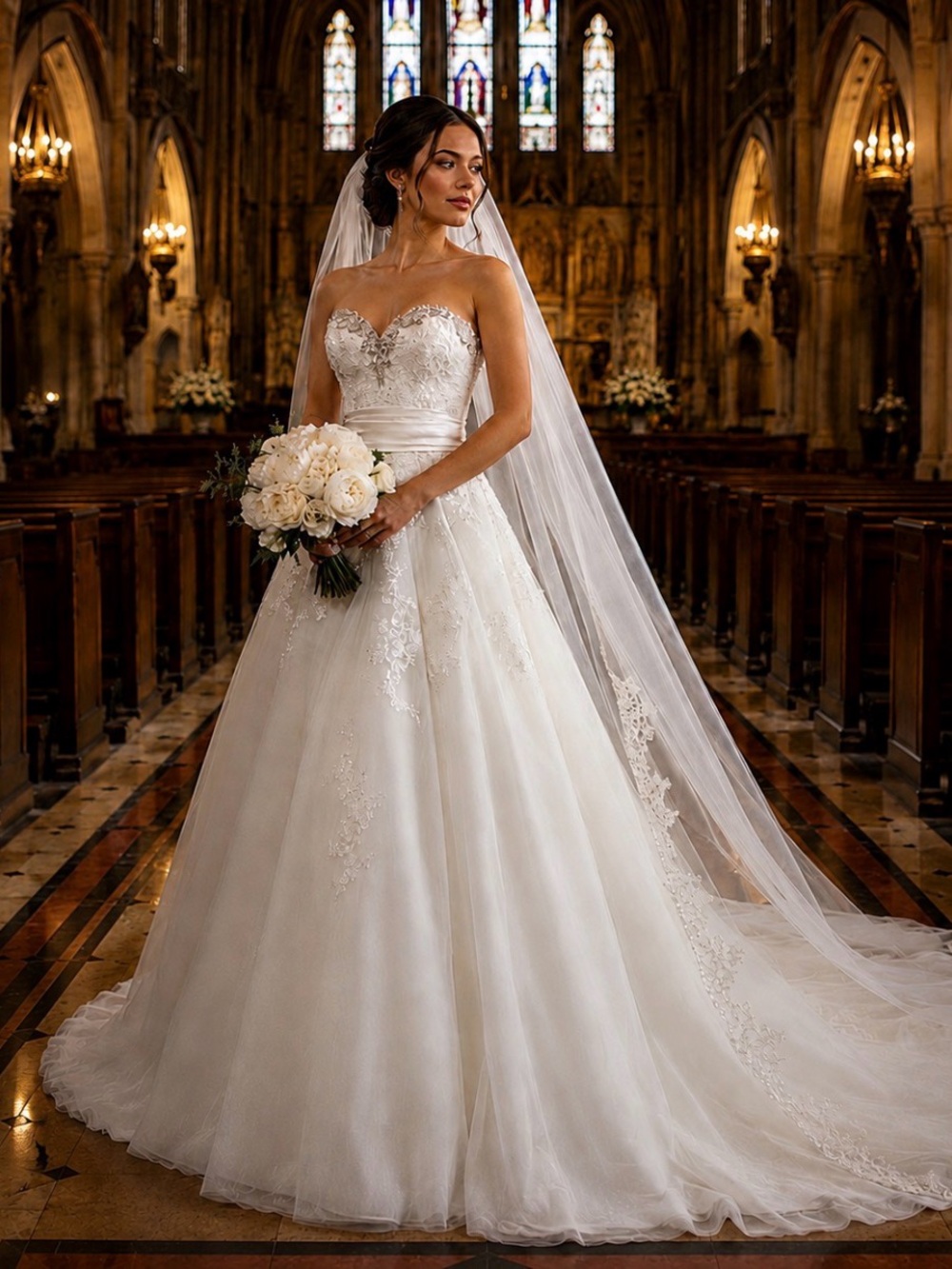 Strapless Lace Appliqué Ball Gown Wedding Dress in Ivory